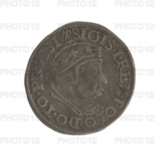 Gdansk trojak, Sigismund I the Old (King of Poland; 1506–1548). Obverse: Crowned male bust in