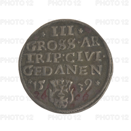 Gdansk trojak, Sigismund I the Old (King of Poland; 1506–1548). Obverse: crowned male bust in