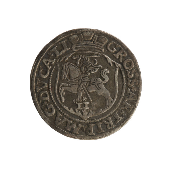 Lithuanian trojak, Sigismund II Augustus (king of Poland; 1544–1572). Aw: Under the crown a tied