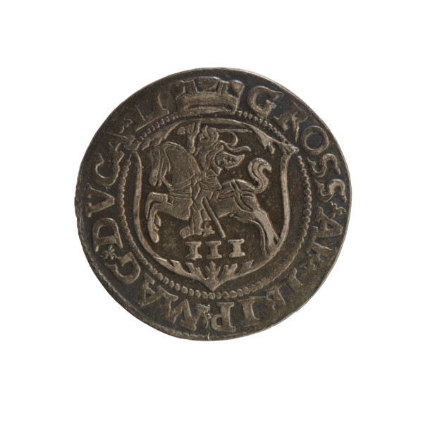 Trojak (coin) of Sigismund II Augustus (King of Poland, 1544–1572), 1563. Aw.: Under a crown, tied