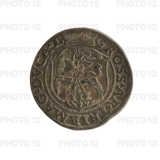 Lithuanian trojak, Sigismund II Augustus (king of Poland; 1544–1572); obverse under the crown: tied