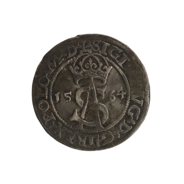 Lithuanian trojak, Sigismund II Augustus (king of Poland; 1544–1572). Aw. Under the crown a tied