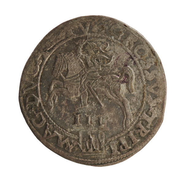 Lithuanian trojak, Sigismund II Augustus (king of Poland; 1520–1572). Obverse: crowned male bust in