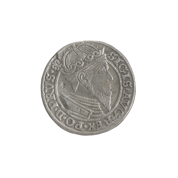 Gdansk trojak, Sigismund II Augustus (King of Poland; 1544–1572). Obverse: Crowned male bust in