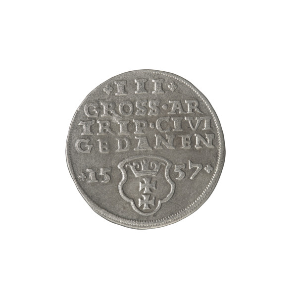 Gdansk trojak, Sigismund II Augustus (King of Poland; 1544–1572). Obv.: Crowned male bust in