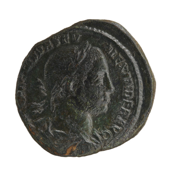 Sestertius of Alexander Severus (Roman emperor, 222–235). Obverse: Bust of Alexander Severus right,