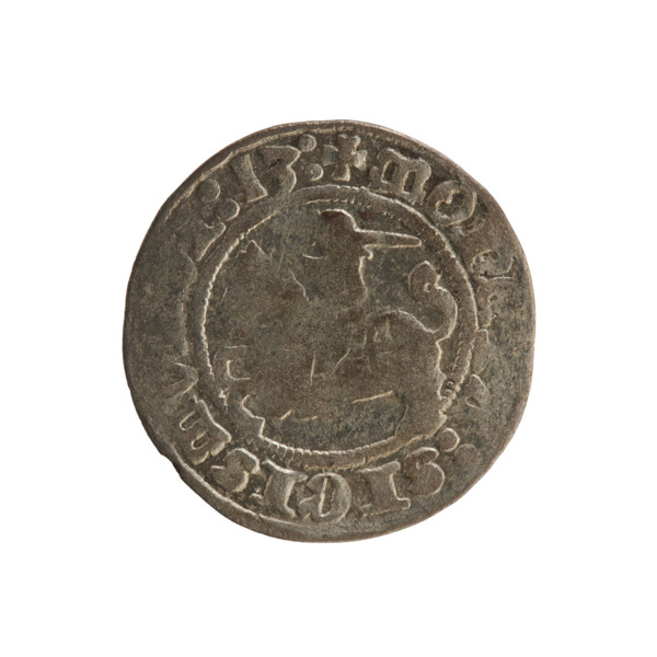 Lithuanian half-grosz, Sigismund I the Old (king of Poland; 1506–1548). Obverse: Pursuer turned