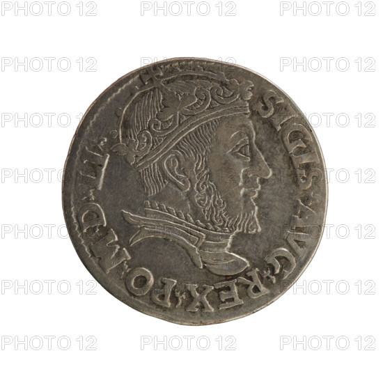 Lithuanian trojak, Sigismund II Augustus (King of Poland; 1544–1572). Obverse: crowned male bust in