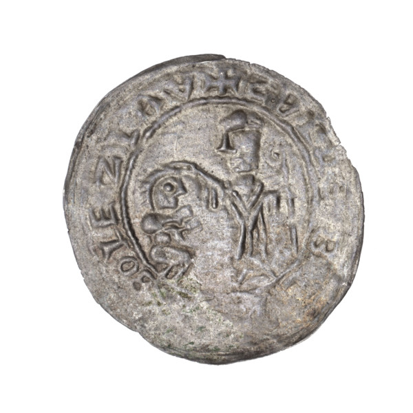Bracteate, 1135–1138. Obverse in a pearl border: on the left, a kneeling prince shown in profile