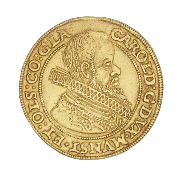 2 ducats, Charles II (Duke of Ziebice-Olesnica; 1587–1617). Obverse: male bust in armour with a