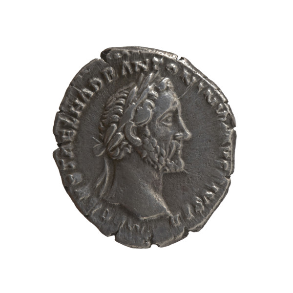 Denarius of Antoninus Pius (86–161; Roman emperor 138–161). Obverse: head of Antoninus Pius in a
