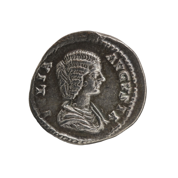 Denarius of Julia Domna (ca. 160–217). Obverse: Bust of Julia Domna right, pearl rim, inscription