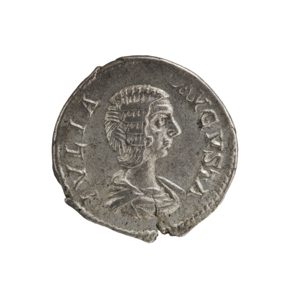 Denarius of Julia Domna (ca. 160–217), Roman empress (193–211). Obverse: Bust of Julia Domna right,
