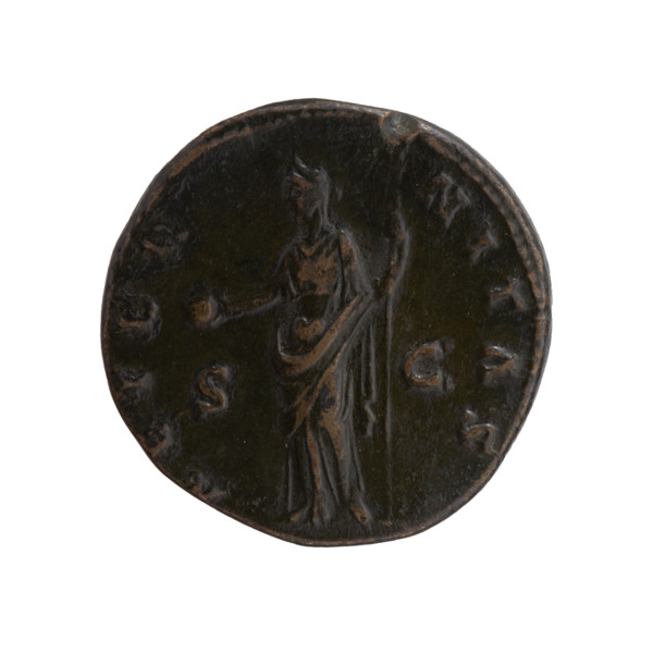 Dupondius, posthumous issue depicting Faustina the Elder (98–141 CE; Roman empress 138–141) and