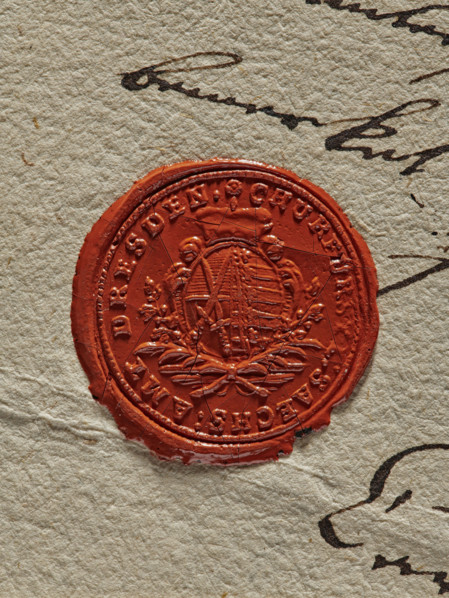 Circular wax impression of the seal of the office of the Elector of Saxony in Dresden. In the field