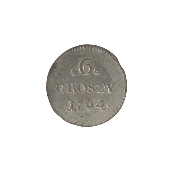 Crown six-coin, Stanislaw August Poniatowski (King of Poland; 1732–1798). Obverse: Under the crown
