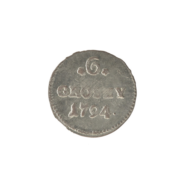 Crown six-coin, Stanislaw August Poniatowski (King of Poland; 1732–1798). Obverse: Under the crown