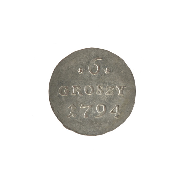 Crown six-coin of Stanislaw August Poniatowski (King of Poland; 1732–1798), 1794. Obverse: Under a