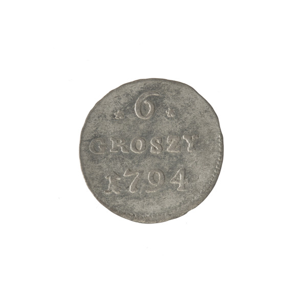 Crown six-coin of Stanislaw August Poniatowski (King of Poland; 1764–1795), 1794. Obverse: Under