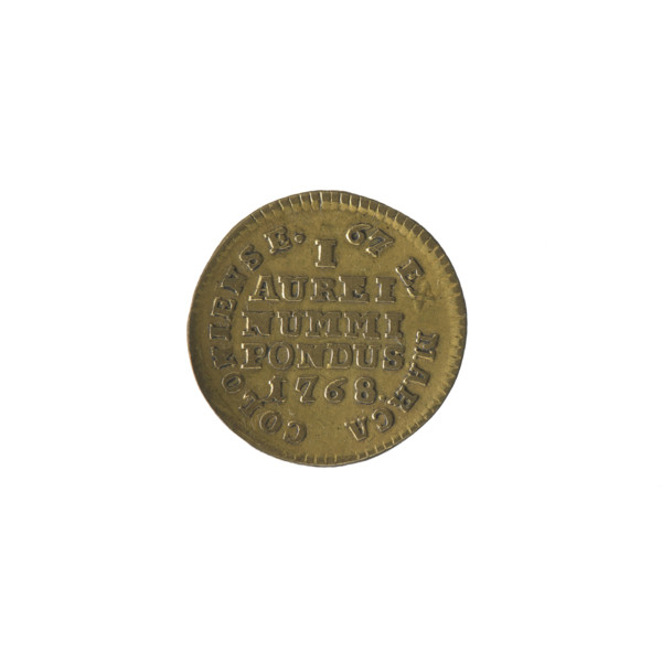 Weight for weighing ducats, 1768. Obverse: under a crown, a coat of arms with a crowned eagle,
