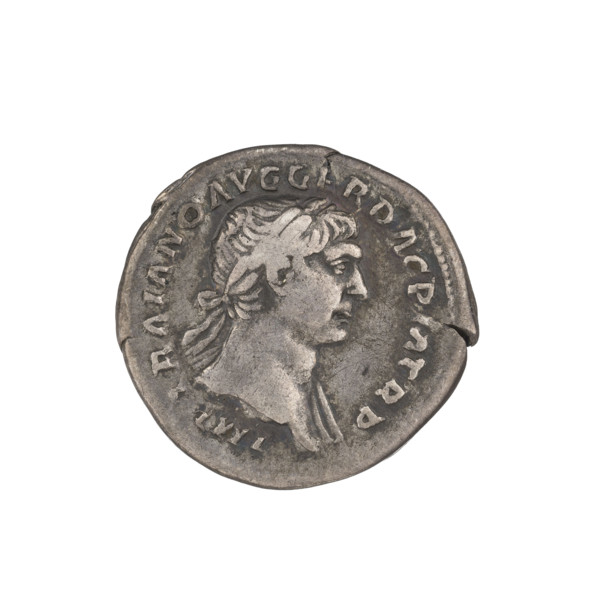Denarius; Obv.: head of Trajan wearing a laurel wreath facing right; rim inscription: IMP TRAIANO