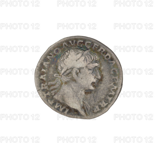 Denarius; Obv.: head of Trajan decorated with a laurel wreath facing right; rim inscription: IMP