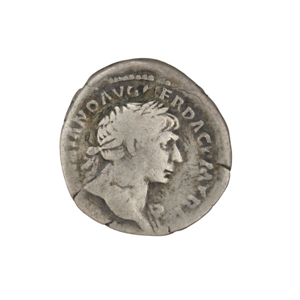 Denarius; obverse: head of Trajan adorned with a laurel wreath facing right; rim inscription: IANO