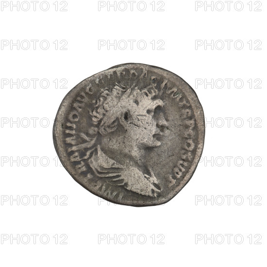 Denarius; obverse: head of Trajan wearing a laurel wreath facing right; rim inscription 'IMP