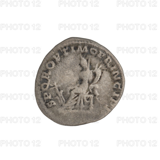 Denarius depicting Fortuna (personification) with rudders, laurel wreaths, heads, and cornucopias.