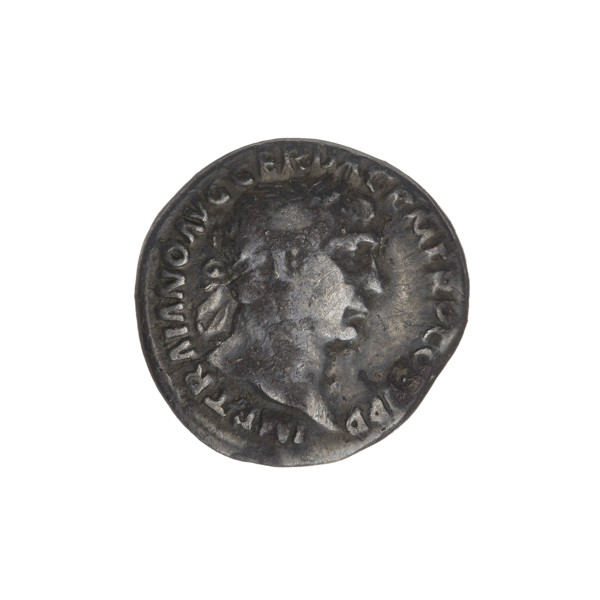 Denarius; Obverse: head of Trajan wearing a laurel wreath, facing right; rim inscription: IMP