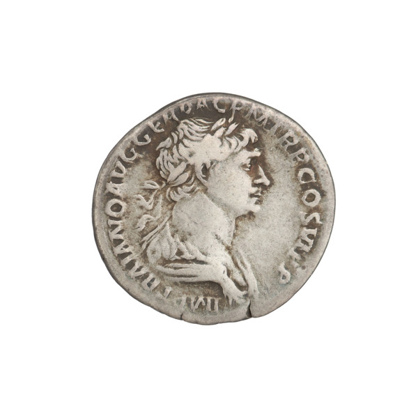 Denarius depicting Genius (mythological). Obverse: bust of Trajan facing right, wearing a laurel