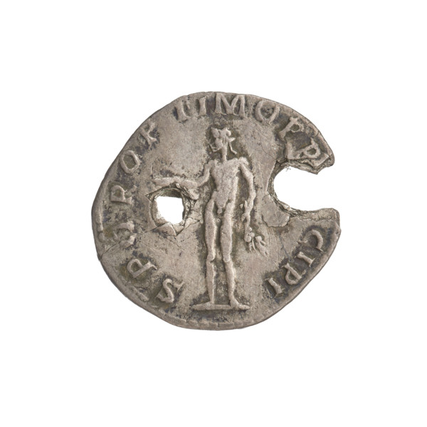 Denarius; Obverse: bust of Trajan facing right, wearing a laurel wreath and robe; rim inscription: