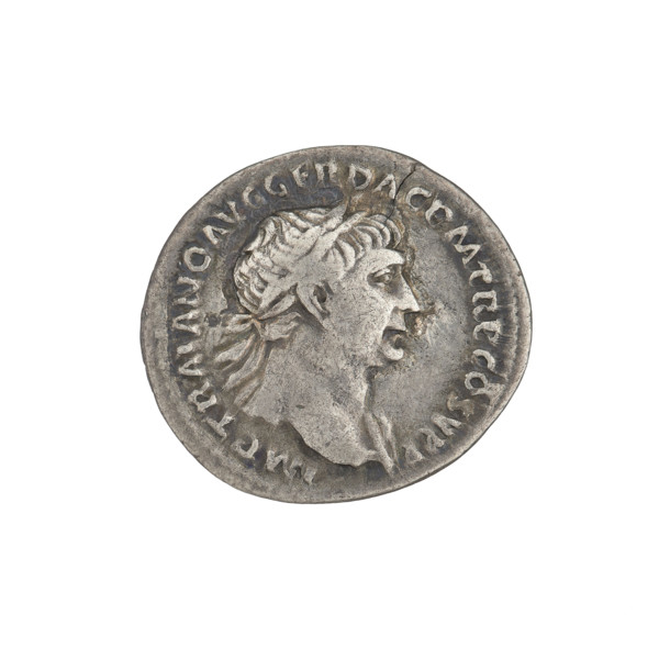 Denarius of Trajan (53–117; Roman Emperor 98–117). Obverse: bust of Trajan facing right, wearing a