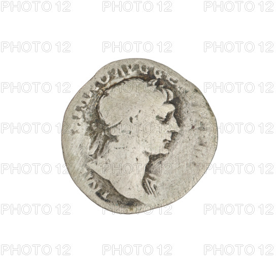 Denarius of Trajan (53–117 CE; emperor 98–117), obverse: head of Trajan right, laurel-wreathed; rim