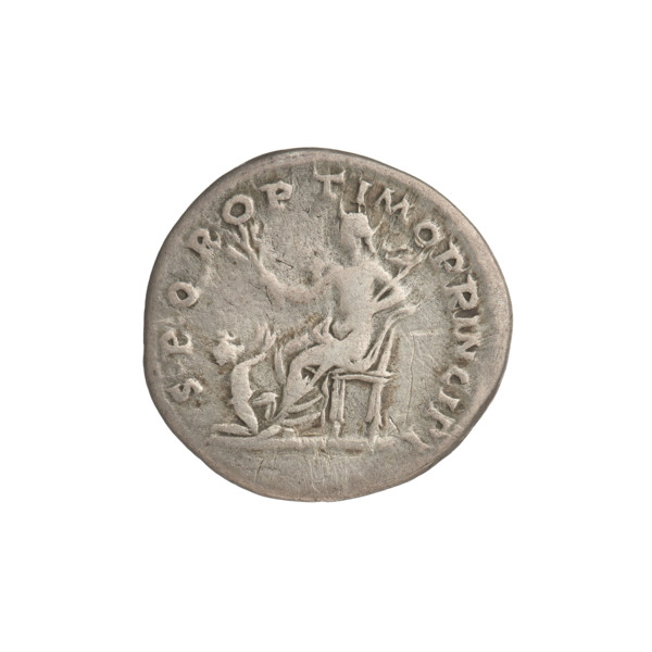 Denarius of Trajan (53–117; Roman emperor 98–117). Obverse: head of Trajan right, wearing a laurel