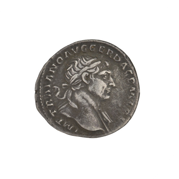 Denarius, Trajan (53–117 CE; Roman emperor 98–117). Obverse: head of Trajan right, decorated with a