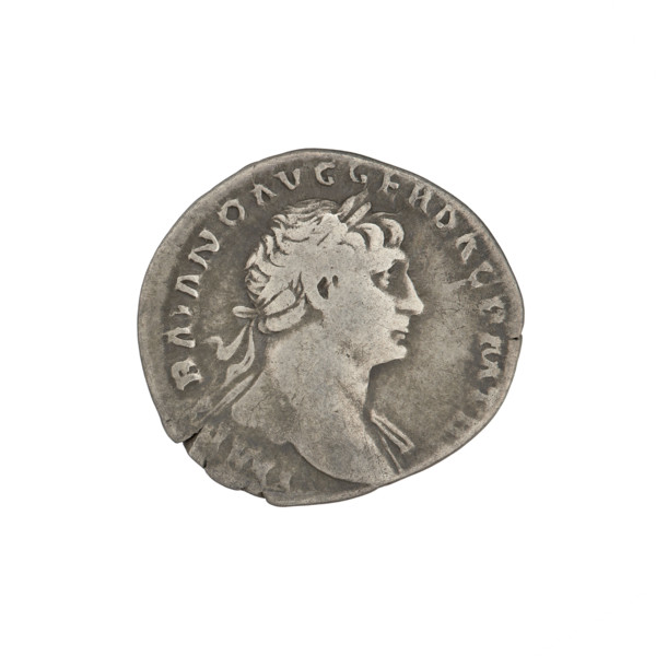 Denarius of Trajan (53–117 CE; Roman emperor 98–117). Obverse: head of Trajan right, decorated with