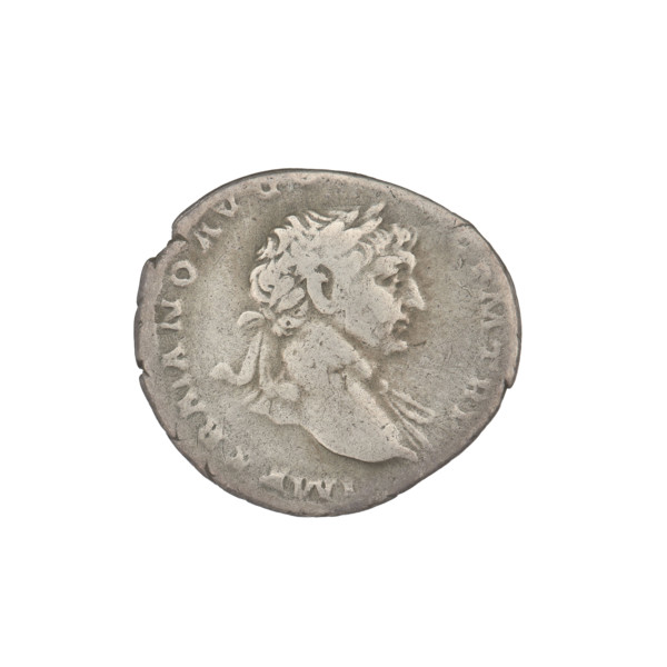 Denarius of Trajan (53–117; Roman emperor 98–117). Obverse: head of Trajan right, decorated with a