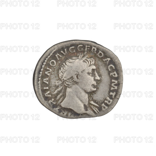 Denarius, Trajan (53–117; Roman emperor 98–117). Obverse: head of Trajan right, laurel wreath; rim