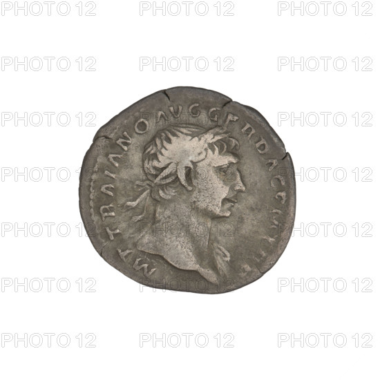 Denarius, Trajan (53–117; Roman emperor 98–117). Obverse: head of Trajan right, laurel-wreathed;