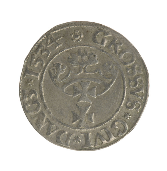 Gdansk grosz, Sigismund I the Old (King of Poland; 1506–1548). Polish coin (1534). Obverse: Crowned