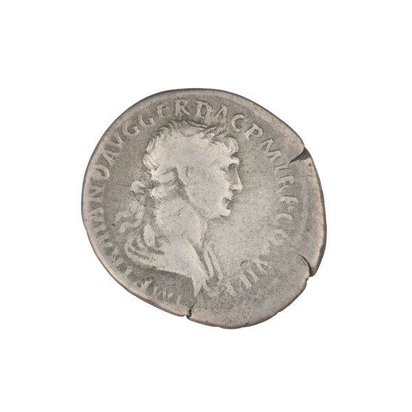 Denarius, Trajan (53–117; Roman emperor 98–117). Obverse: head of Trajan in laurel wreath facing
