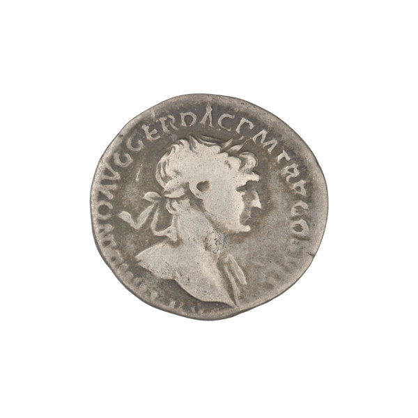 Denarius, Trajan (53–117; Roman emperor 98–117). Obverse: head of Trajan in laurel wreath facing