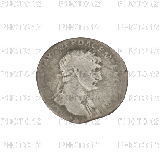 Denarius of Trajan (53–117; Roman emperor 98–117). Obverse: head of Trajan in laurel wreath facing