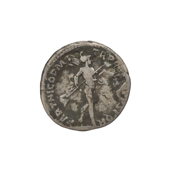 Denarius of Trajan (reigned 98–117), 112–117. Obverse: head of Trajan in laurel wreath facing