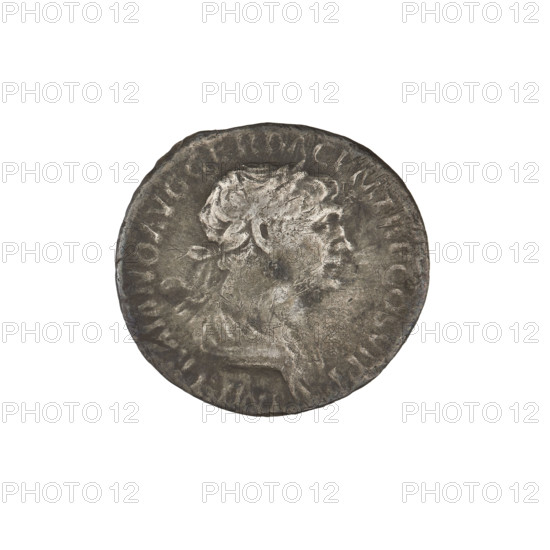 Denarius of Trajan (53–117; Roman emperor 98–117). Obverse: head of Trajan in laurel wreath facing