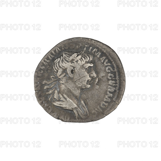 Denarius, Trajan (53–117; Roman emperor 98–117). Obverse: head of Trajan in laurel wreath facing