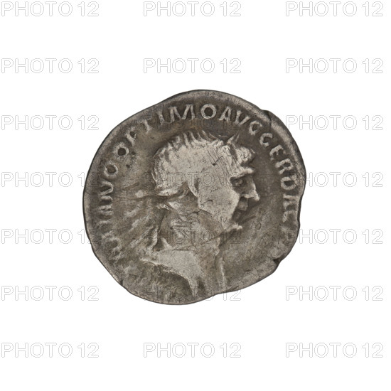 Denarius of Trajan (53–117; Roman emperor 98–117). Obverse: head of Trajan in laurel wreath facing