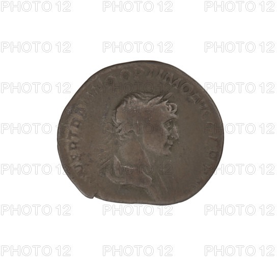 Denarius of Trajan (53–117; Roman emperor 98–117). Obverse: head of Trajan in laurel wreath facing