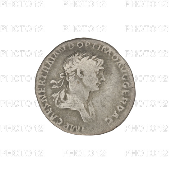 Denarius, Trajan (53–117; Roman emperor 98–117). Obverse: head of Trajan in laurel wreath facing